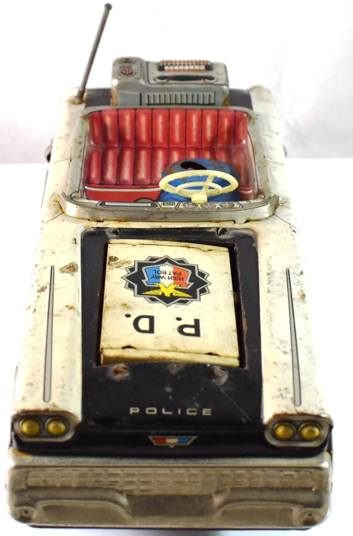 Old Rare Vintage Tin Toy Tin Plate Toy Police Car Battery