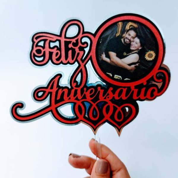 Camée svg Cricut pour gâteau Feliz Aniversario en calques pour personnaliser la photo Joyeux anniversaire Svg en couches personnalisable avec photo