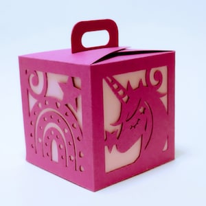 SVG taglia file unicorno favore scatola modello festa di compleanno per Cricut Silhouette Cameo Laser Cut Brother Scan Cut scatola regalo unicorno arcobaleno SVG