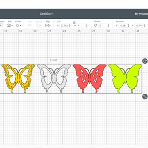 May include: A digital design in Cricut Design Space featuring six butterfly outlines in various colors: green, yellow, gray, red, and lime green. The design is labeled "Butterfly 4 Score Line SVG."