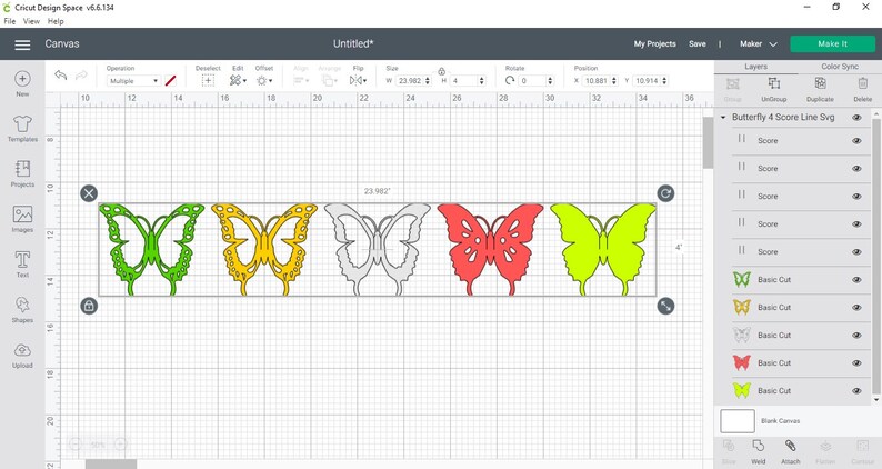May include: A digital design in Cricut Design Space featuring six butterfly outlines in various colors: green, yellow, gray, red, and lime green. The design is labeled "Butterfly 4 Score Line SVG."