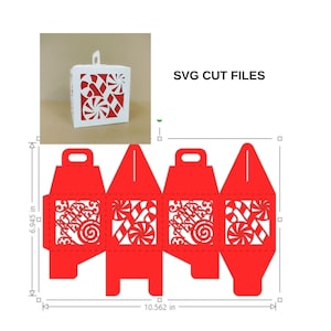 以下が含まれることがあります： クリスマスのギフトボックス用の、赤と白のキャンディーケーンをテーマにしたボックスのテンプレートです。テンプレートの幅は10.562インチ、高さは6.945インチです。ボックスにはハンドルが付いており、切り取って組み立てられるように設計されています。