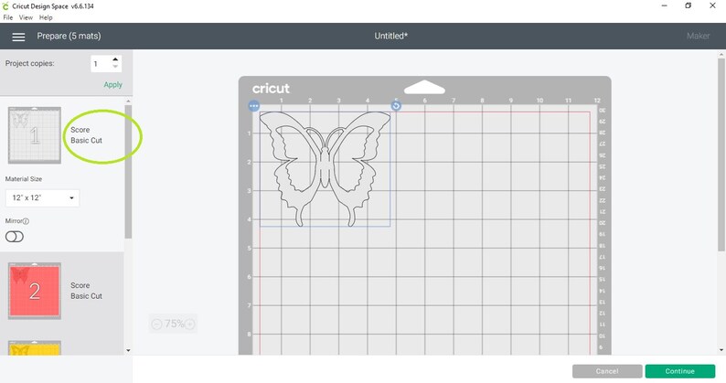 May include: A Cricut Design Space screen displays a butterfly outline on a cutting mat. The software interface shows options for "Score" and "Basic Cut" operations. The mat size is set to 12 x 12 inches.