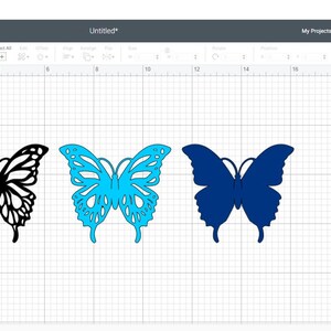 Peut inclure: Trois motifs de papillons en noir, bleu et turquoise sur un fond de grille blanche. Les papillons sont superpos&eacute;s, le papillon noir &agrave; l'arri&egrave;re, le papillon turquoise au milieu et le papillon bleu &agrave; l'avant. Les papillons sont tous de la m&ecirc;me taille et de la m&ecirc;me forme, mais ils sont de couleurs diff&eacute;rentes. Les papillons sont tous tourn&eacute;s vers la droite.