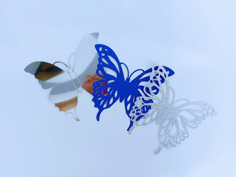 Peut inclure: Trois papillons d&eacute;coratifs en papier. Un papillon est argent&eacute;, un autre est bleu et le dernier est blanc avec des paillettes.