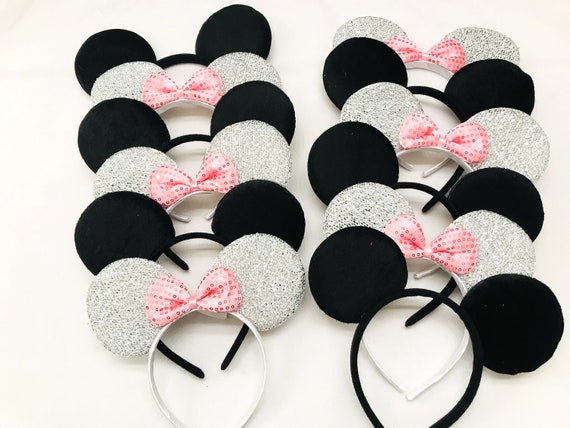 12 pcs Minnie Mouse Ears Headbands Black Pink Bows Mickey Birthday Party Favors