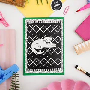 White Cat on a Mat - Cute Monochrome Greetings Card