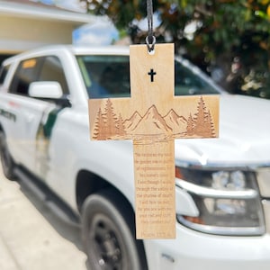 Engraved Wood Cross Car Charm with Psalm Verse