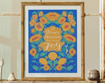 Sonnenblumen Print, Inspirierendes Zitat Poster, Sommer Art Print, Blau Home Decor