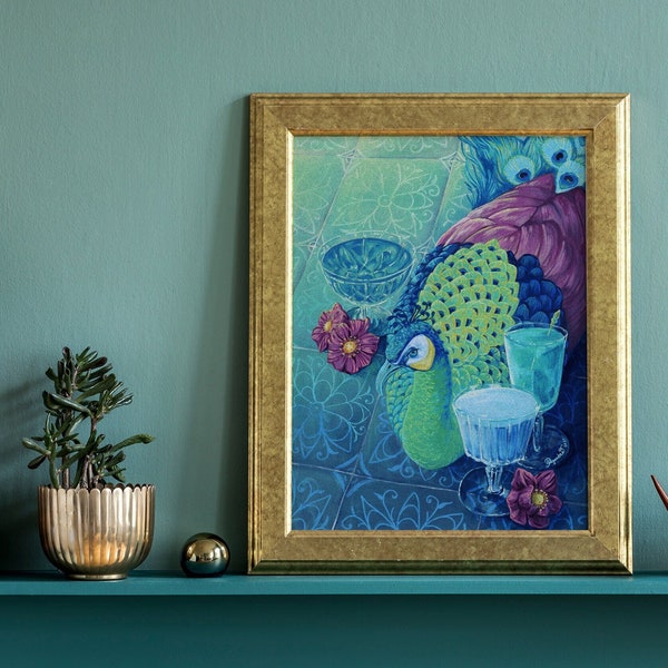 Peacock Wall Decor, A4 Illustrated Art Print, Eclectic Home Wall Hanging, Fancy Happy Hour, Bar Decor