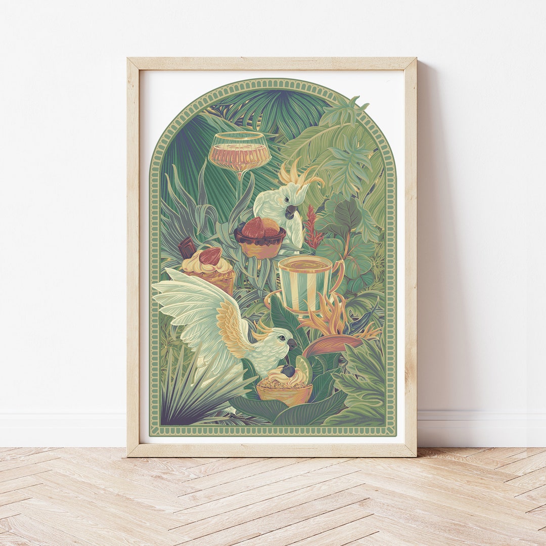 Tea Time at the Orangery, Victorian Tea Time, Bird Illustration, Surreal Art Print, Botanical