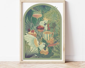 Tea Time in der Orangerie, Viktorianische Tea Time, Vogel Illustration, Surrealer Kunstdruck, Botanische Illustration Wandbehang