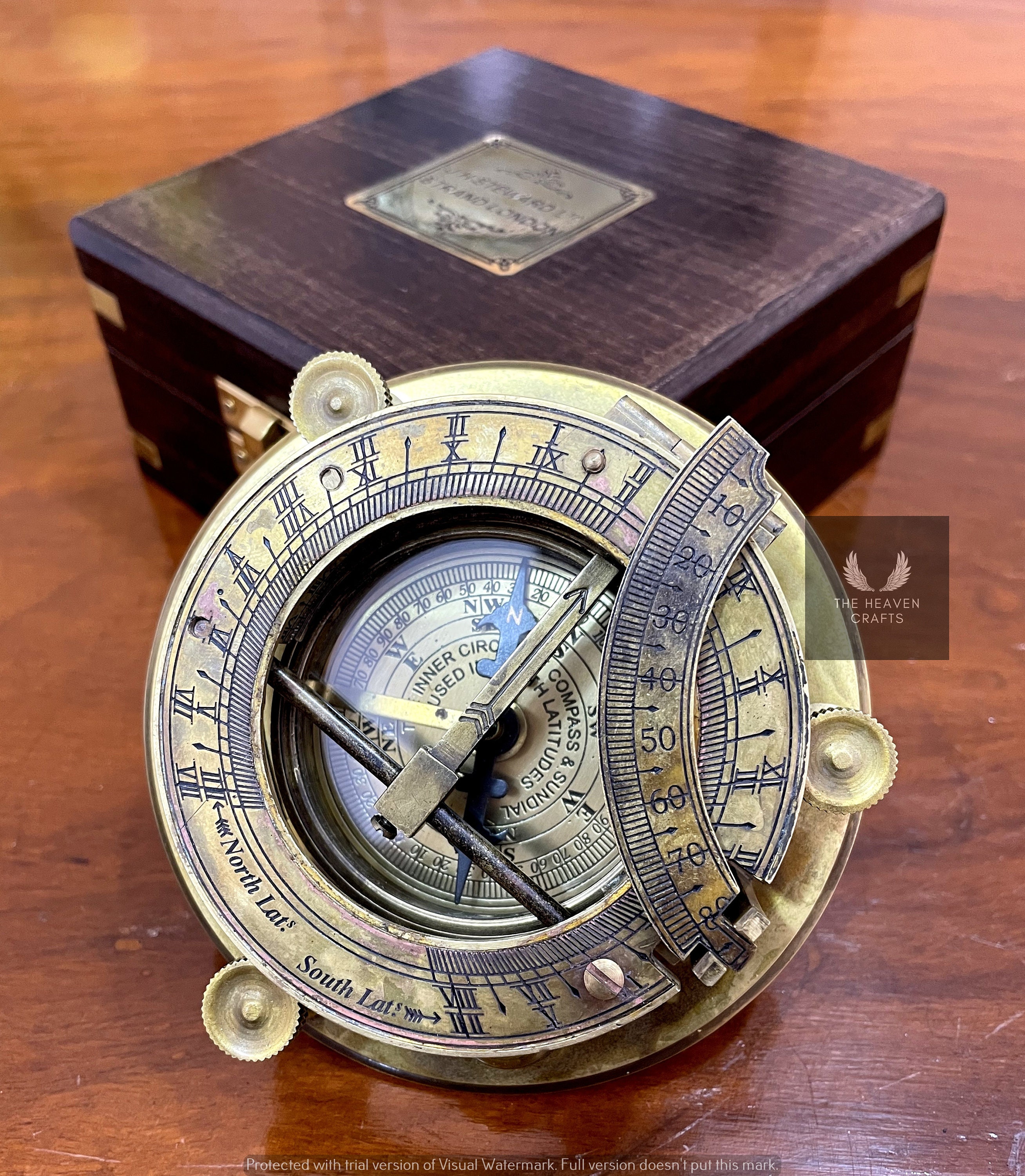 Nautical 3" Brass Sundial Compass With Beautiful Wooden Box In Antique Finish 