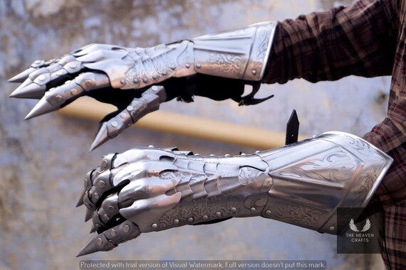 Medieval gauntlet gloves pair brass accents knight crusader armor steel gloves 