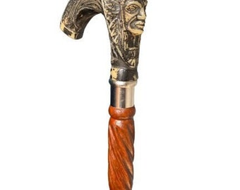 Native American Indian Chief Handmade Cane Walking Stick wooden shaft brass art