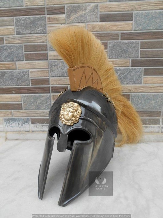 Medieval Greek Corinthian Troy Helmet with Black Plume Armor Knight Spartan Helm 