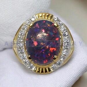Men&#39;s Black Opal Ring, Anniversary Ring, 14K Gold Over, Vintage Ring, Engraving Ring, Statement Ring, Vintage Personalised Men&#39;s Ring