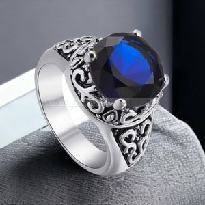 Blue Sapphire Sterling Silver Ring, Men’s Birthstone Jewelry, Handmade Gemstone Ring, Gift for Boyfriend, Husband, Elegant and Stylish