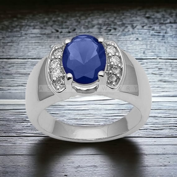 Anello da uomo con zaffiro blu, argento sterling, pietra preziosa - Main Image