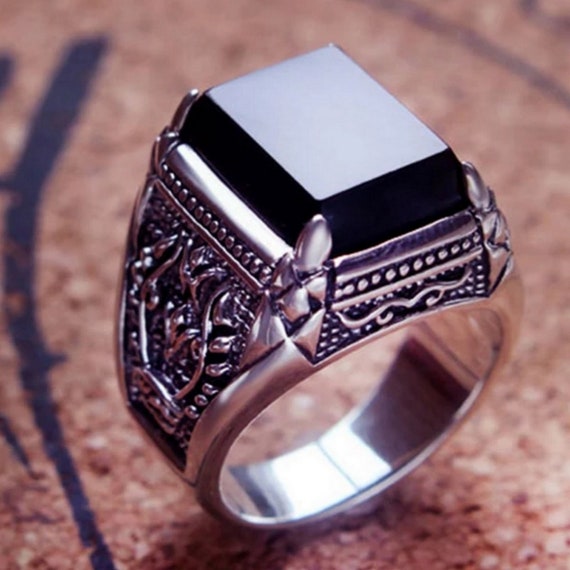 Black Ring for Men Pure 925 Sterling Silver Ring Rectangel 