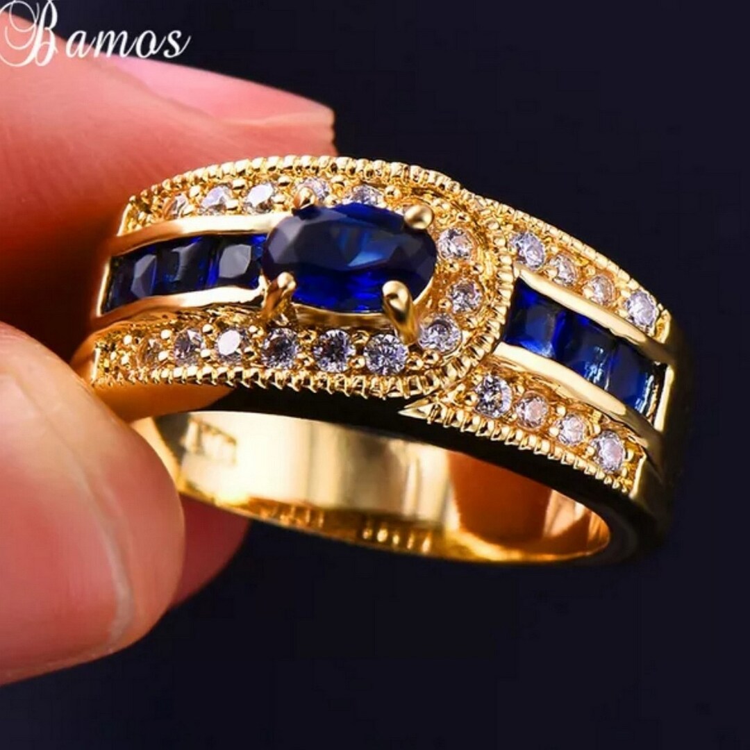 Blue Sapphire Men's Ring, 925 Sterling Silver, Gold Plated Ring