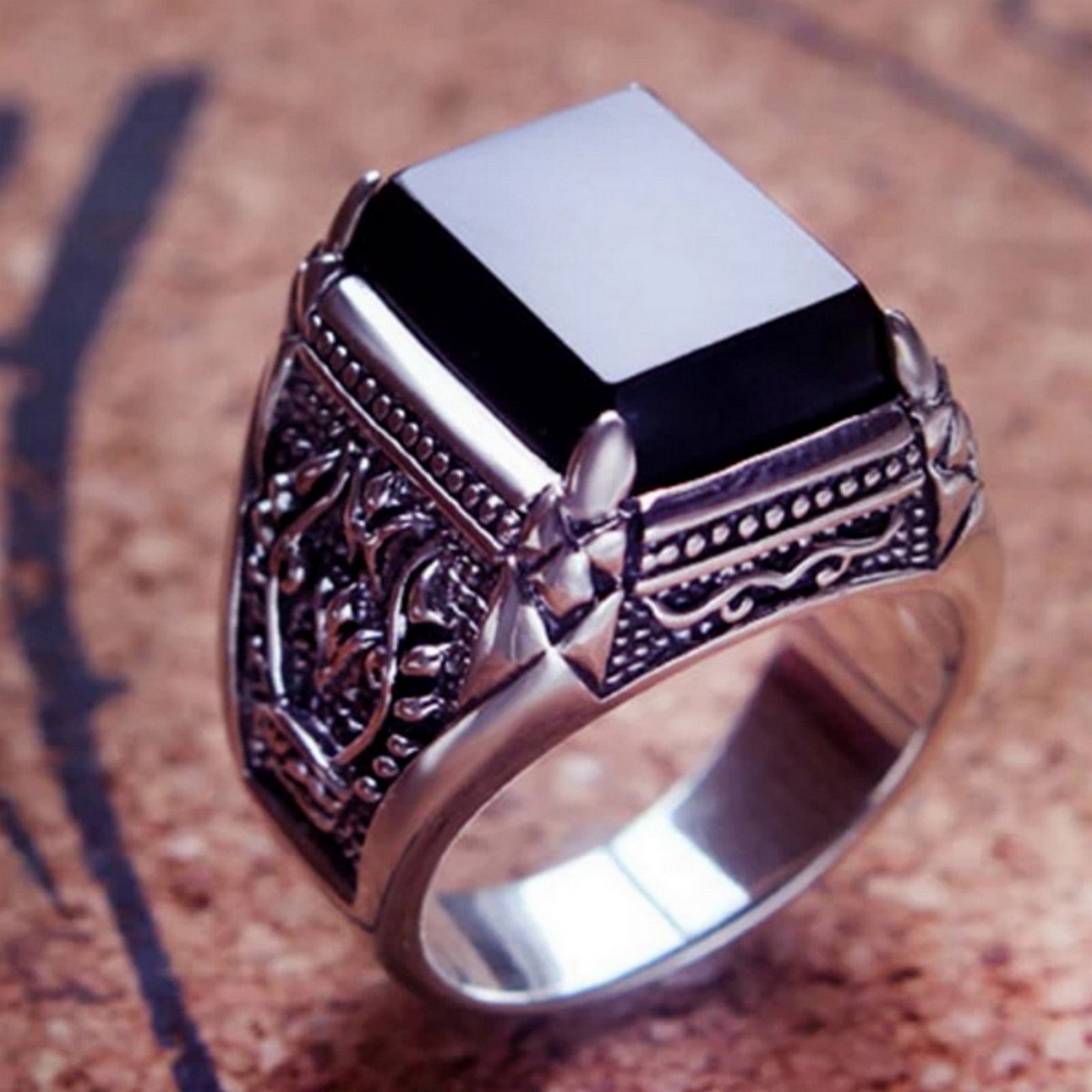 Men's Silver Ring | Rectangle Shape Solid Black Stone Design | Silveradda