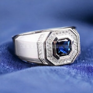 Natural Blue Sapphire Men&#39;s Ring, 925 Sterling Silver Ring, Blue Gemstone Ring, Statement Men Ring, Wedding Ring Gift, Personalised Men Ring