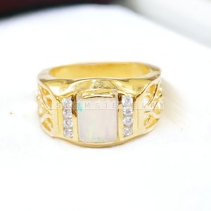 Natural Opal Men Ring AAA Quality Opal Gemstone Ring, Handmade Fire Opal Ring Personalised Engraving Men Gift 14K Gold Over Ring For Men