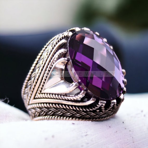 Amethyst Men's Ring: Sterling Silver Boho Engraving Ring