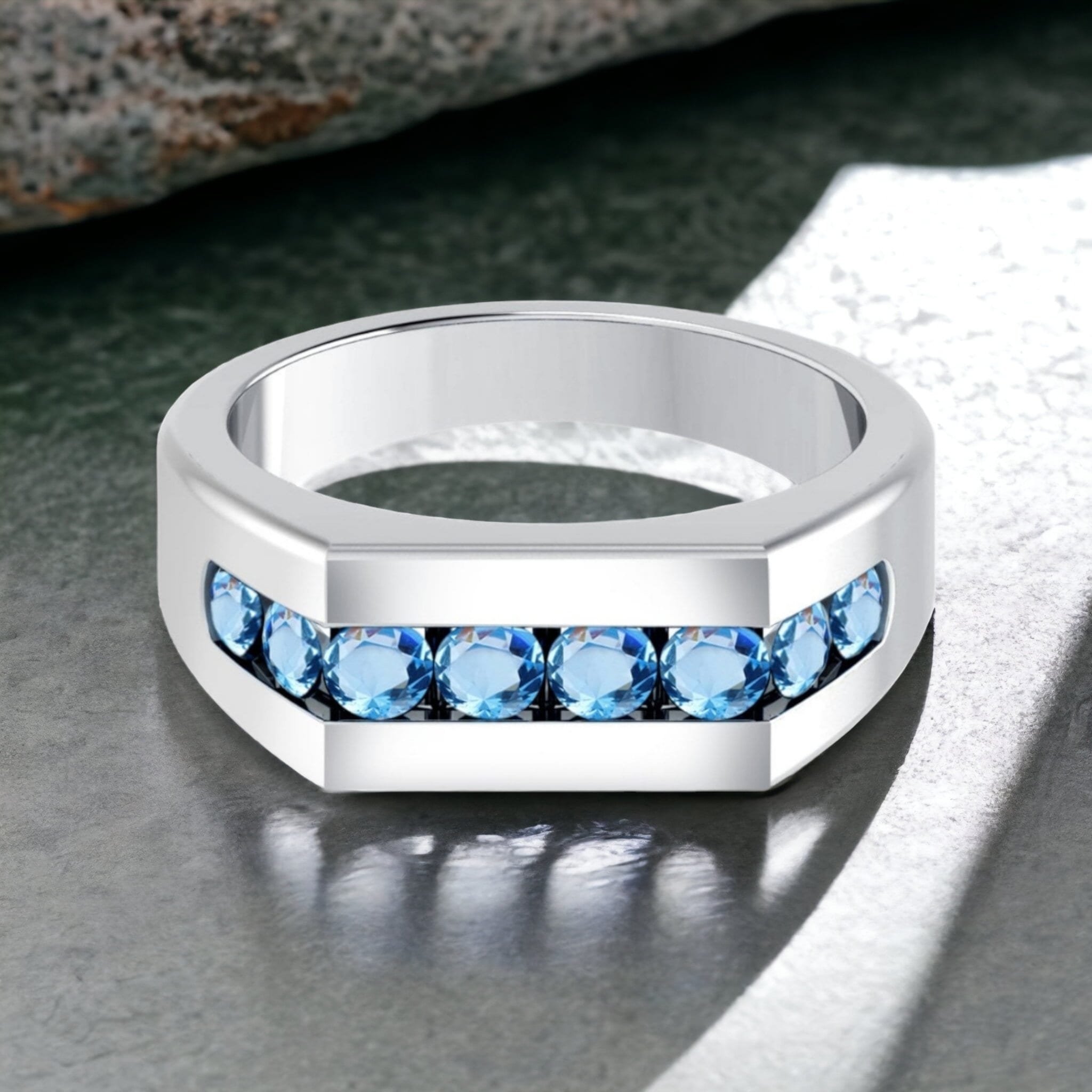 18k Yellow Gold Modern Mens Ring Blue Topaz Gemstone Band Ring for Men – J  F M