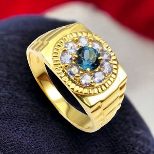 Blue Topaz Men&#39;s Ring 925 Sterling Silver Handmade Topaz Ring December Birthstone Personalized Gift for Him Statement Ring Wedding Ring Band