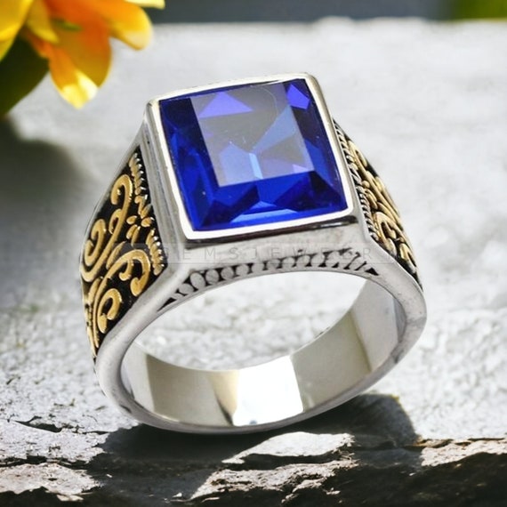 Father's Day Gift 1 Carat (Cttw) White Natural Diamond & Simulated Blue Sapphire  Men's Statement Ring In 10k Solid Yellow Gold Ring Size-9 - Walmart.com