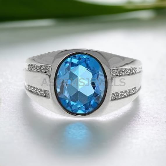 Blue Topaz Ring 925 Sterling Silver Oval Topaz Ring December Birthstone  Personalized Ring for Men Anniversary Gift Grooms Wedding Ring