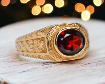 Garnet Ring For Men Handmade Gold Plated Ring 14k Gold Over Anniversary Ring, Gents Ring Art Deco Ring Oval Cut Garnet Gemstone Ring Gift