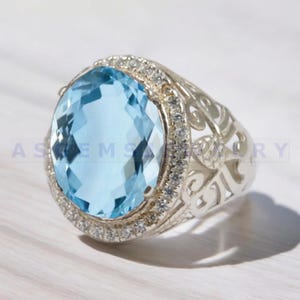Luxury Aquamarine Gem Stone, Turkish Handmade Silver Men Ring, Ottoman Mens Ring, Gift for Him, 925k Sterling Silver, Personalised Men Ring
