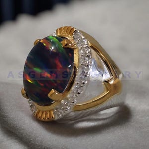 Black Opal Men&#39;s Ring, 925 Solid Sterling Silver Ring, 14K Gold Over, Fire Black Opal Gemstone Ring, Engraving Ring, Opal Men Jewelry Gift
