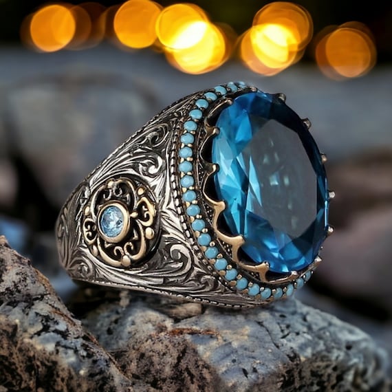 London Blue Topaz Sterling Silver Men's Ring: Art Deco Style