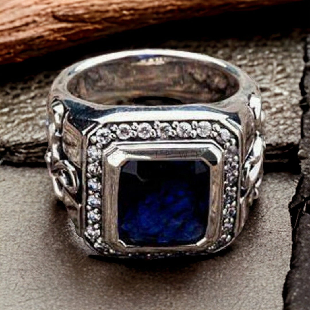 Luxury Blue Sapphire Men Ring Art Deco Ring Handmade Ring Etsy