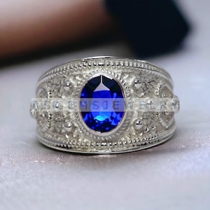 Men Sapphire Stone Ring, Art Deco Modern Sapphire Ring, Men Blue Stone Ring, Designer Handmade Ring, 925 Sterling Silver Ring, Gift For Him