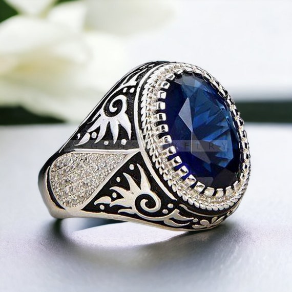 Oval Blue Sapphire Men's Ring, Sterling Silver Signet, September Birthstone