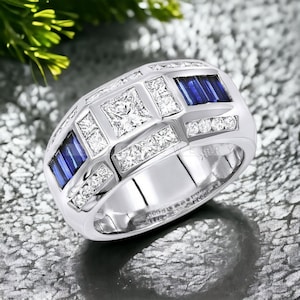 Luxury Blue Sapphire Ring Statement Ring Handmade Art Deco Ring Men’s September Birthstone Gift, Handmade Band for Husband, Engraving Ring