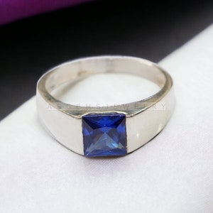 Blue Sapphire Ring, 925 Sterling Silver Handmade Men&#39;s Ring, Gift For Him, Promise Ring For Men&#39;s, Gift For Boyfriend Engraving Ring For Him