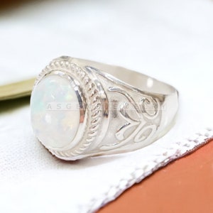 Natural Opal Men Ring AAA Quality Opal Gemstone Ring, Handmade Fire Opal Ring Personalised Engraving Men Gift 14K Gold Over Ring For Men
