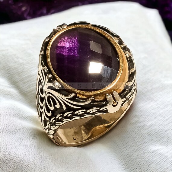 Buy Amethyst Men s Ring February Birthstone Ring Handmade Ring Wedding Ring 14k Gold Over Ring Engraving Ring Personalised Gift for Him Online in India Etsy