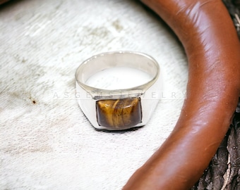 Tiger Eye Men's Ring 925 Sterling Silver Signet Ring August Birthstone Ring Personalized Wedding Gift for Men Promise Ring Anniversary Ring