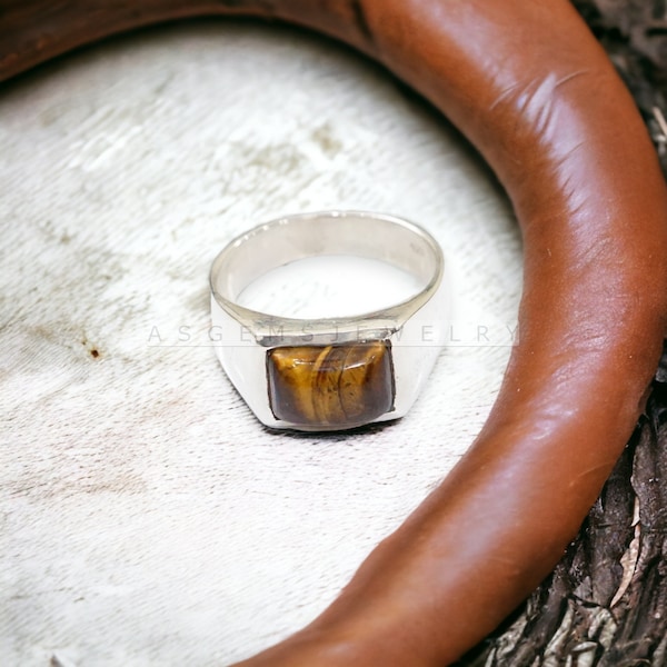 Tiger Eye Men's Ring 925 Sterling Silver Signet Ring August Birthstone Ring Personalized Wedding Gift for Men Promise Ring Anniversary Ring