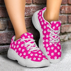 Women&#39;s Sneakers, Paw Print Hot Pink Chunky Sneakers, White, Running Shoes, Lace-up closure, High-quality, Mesh, Custom Printed