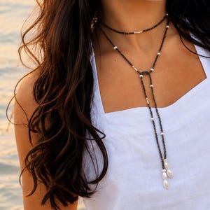 Beaded Tie Wrap Necklace with Pearl Drop Weights, Tortoise Pattern Seed Bead Wrap Necklace, Handmade Lariat Necklace, white  stone drop ends