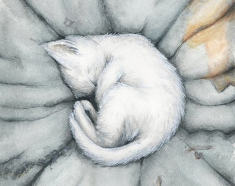 Purfect Spot: Print of Original Watercolor & India Ink Painting, White Cat, Kitten, Pumpkin, Halloween, Sleep, Fits Ribba