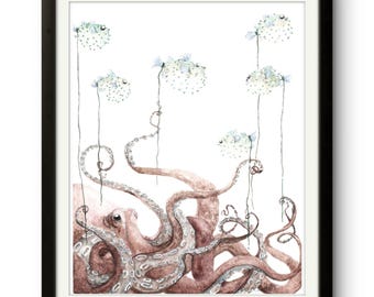 It's My Party: Print of Original Watercolor Painting. Octopus Art